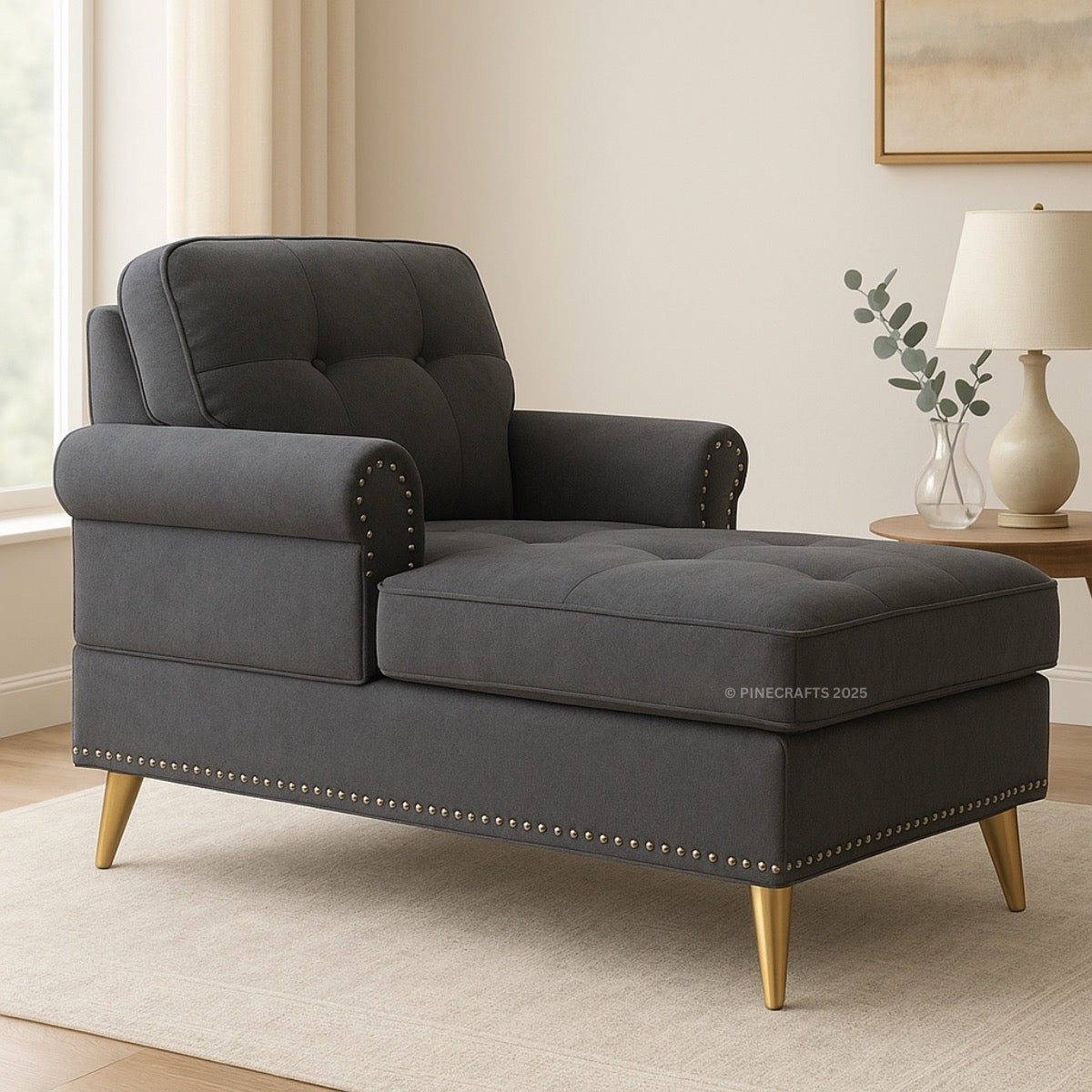 Gray upholstered chair with nailhead trim in a room setting.